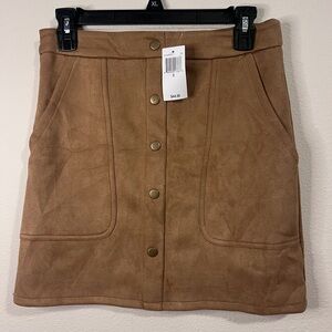 Classic Button-Front Faux Suede Mini Skirt - Tan